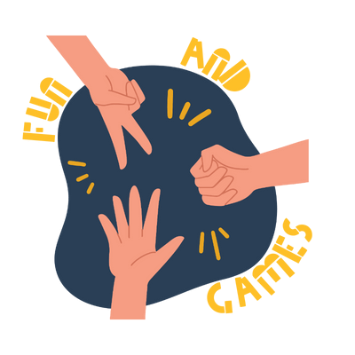 Session logo for fun and Games session showing hands playing rock, paper, scissors.