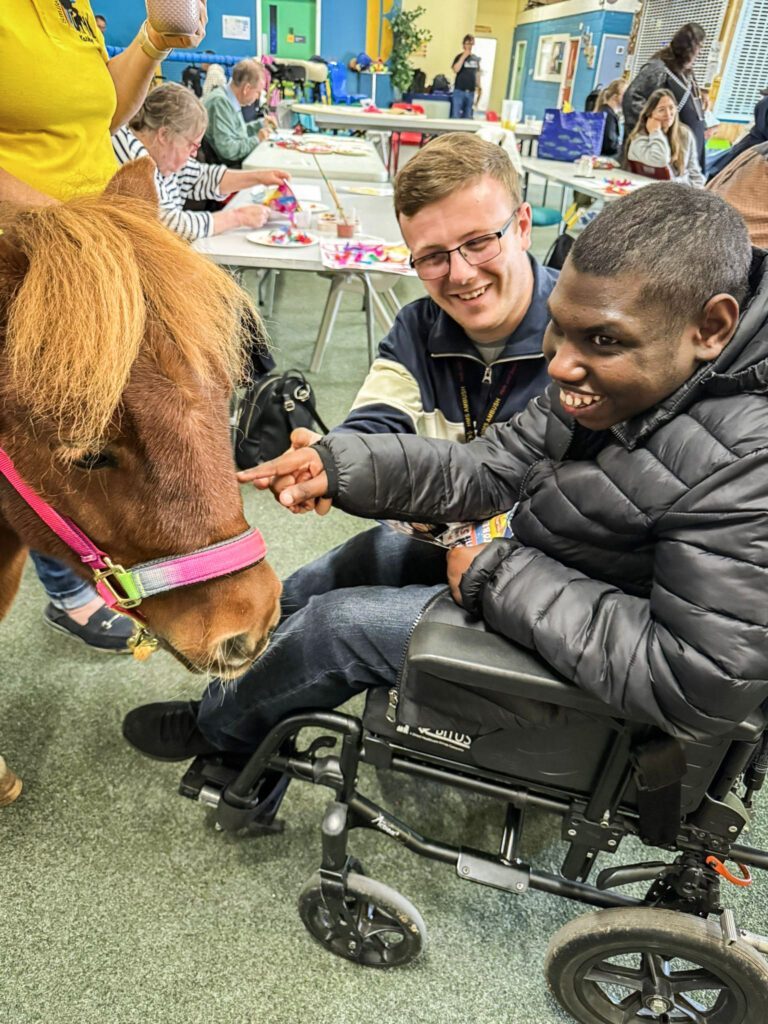 Client with learning disability strokes pony as part of animal therapy in Sheffield