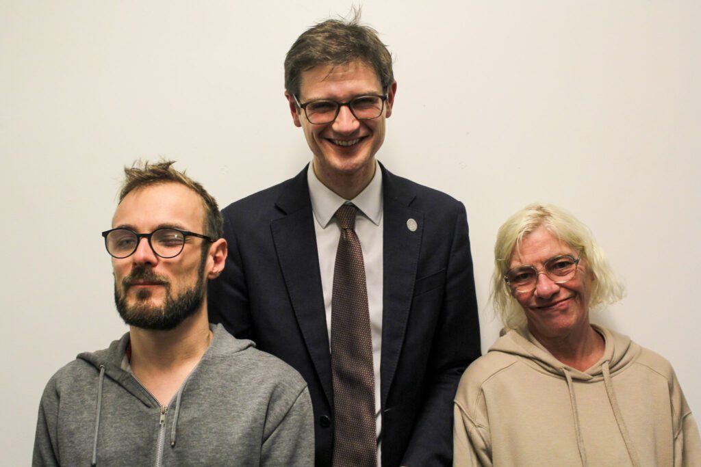 Councillor Tom Hunt with disabled clients of Burton Street Foundation in Hillsborough, Sheffield