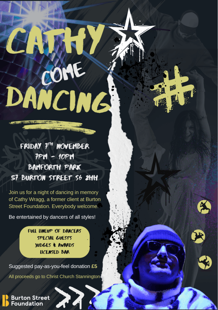 Poster for Community Dance Night, an event held at Burton Street Foundation in Sheffield for people with disabilities.